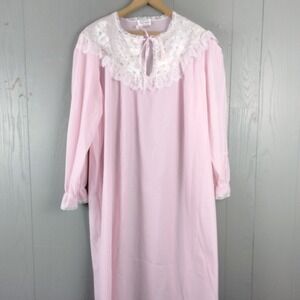Vintage Granny Cottagecore Embroidered Satin Collar Fleece Night Gown XL Pink